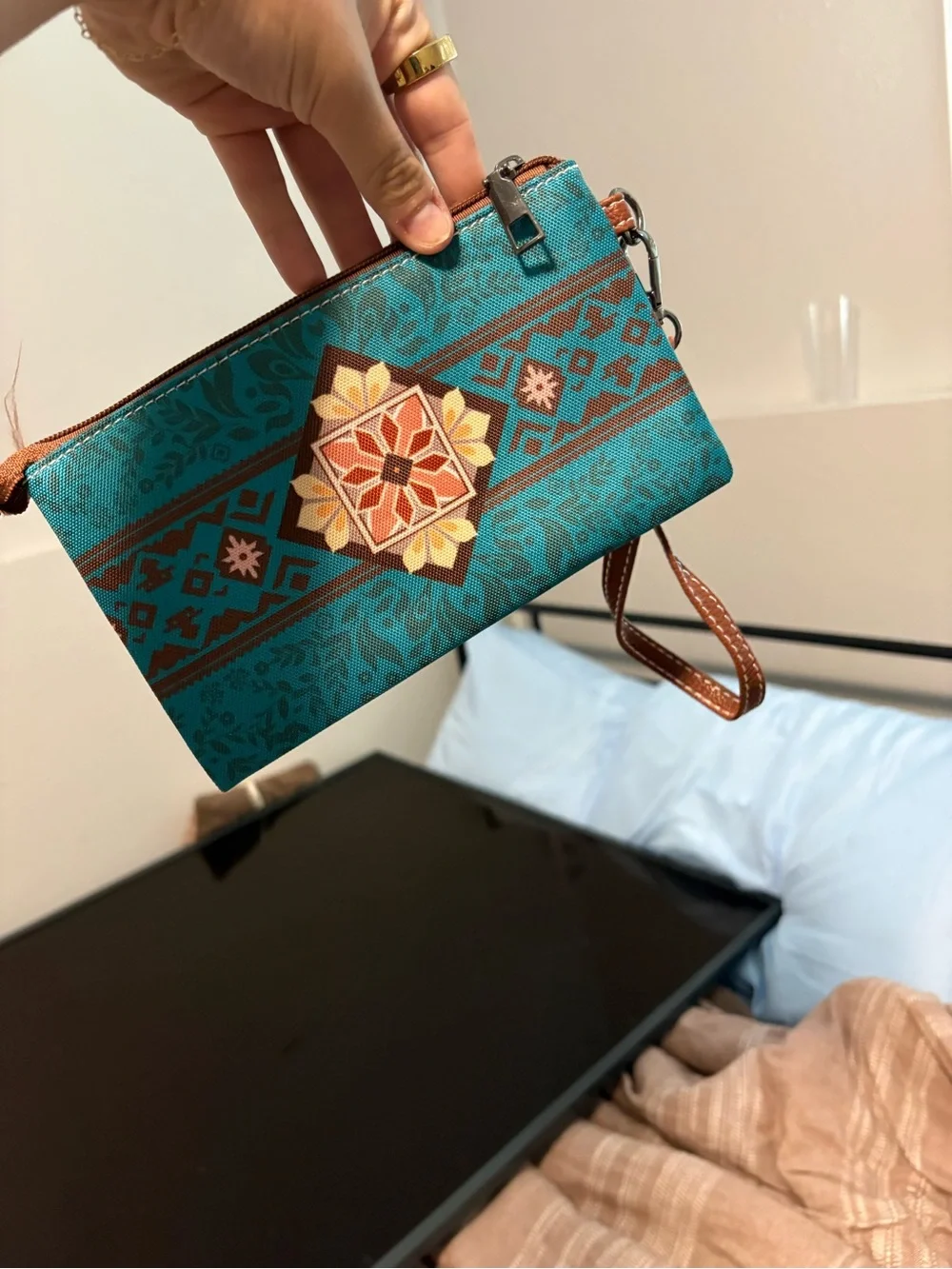 Turquoise and Tan Patterned Tote Bag